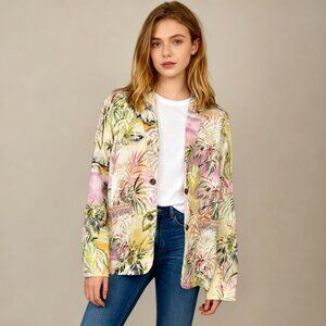 Johnny Was Linen Tropical Palm Blazer Floral Embroidered Boho Jacket Size S